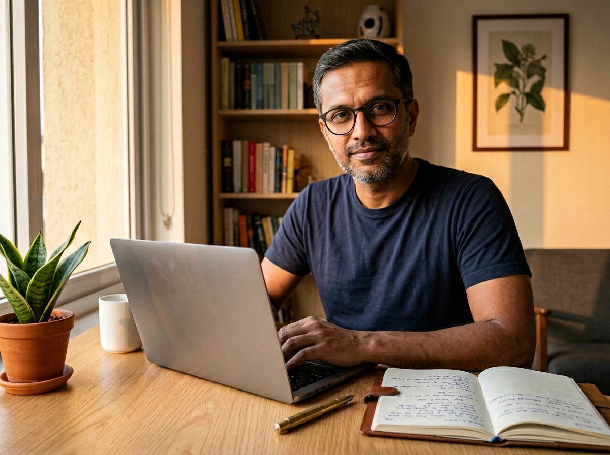 Rohan at his desk three months later