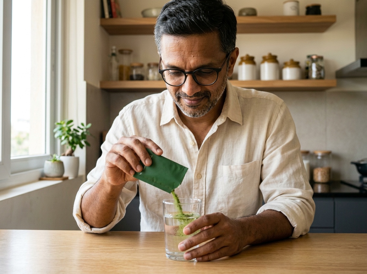 Pouring the greens sachet into water