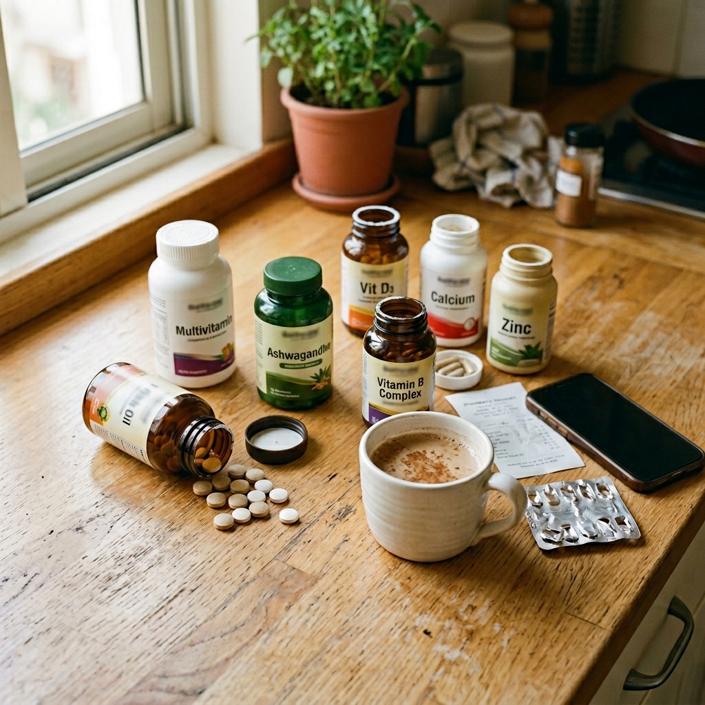 Supplement stack on kitchen counter